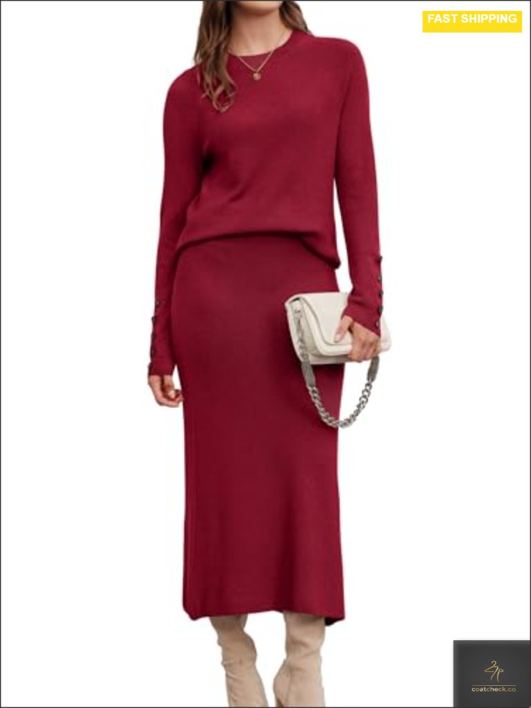 Wool Blend 2 Piece Set Sweater Top Midi Skirt Business Lounge Outfit